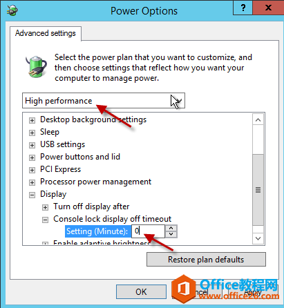 Machine generated alternative text:Power Optlons 鬍 “ n 。 settings Select the power plan that want to cu om and then 〔 h00 settings that reflect how you want your computer to ma na g e power. High performance Desktop backgroun 囗 Sleep USB settings Ings Power buttons and lid PCI Express Processor power management Display Turn 0 display after Console 丨 0 display off timeout t 匕 n 目 (Minute), 一 ． ， Restore plan defaults [ 〔 〔 〔 二 ] [ 〕 〕 〕 〕 ] [ 〕 〕 、 〕 〕 ]