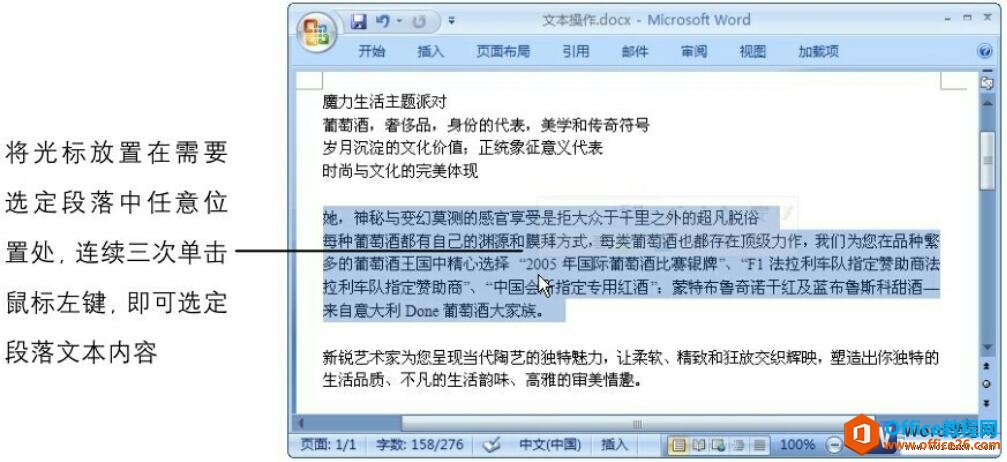 word选定段落文本