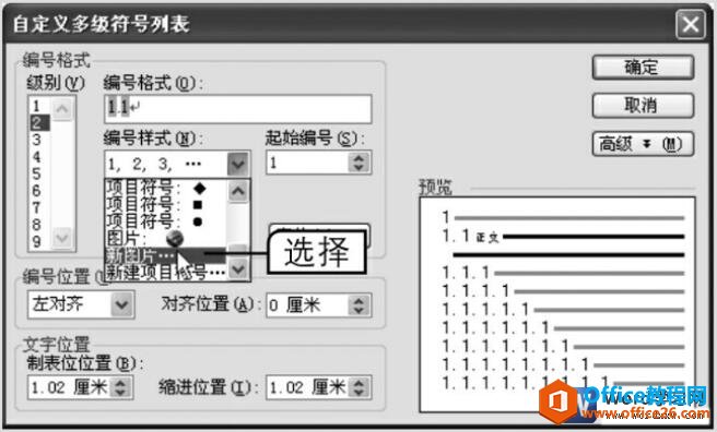 word2003自定义多级符号列表对话框