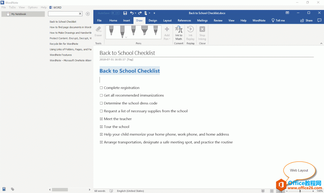 WordNote 里的 Word 在 Web 版式视图无法使用绘图手写工具 