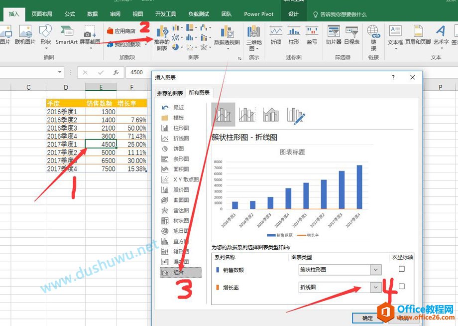 EXCEL完成一个柱形图与折线图组合图表