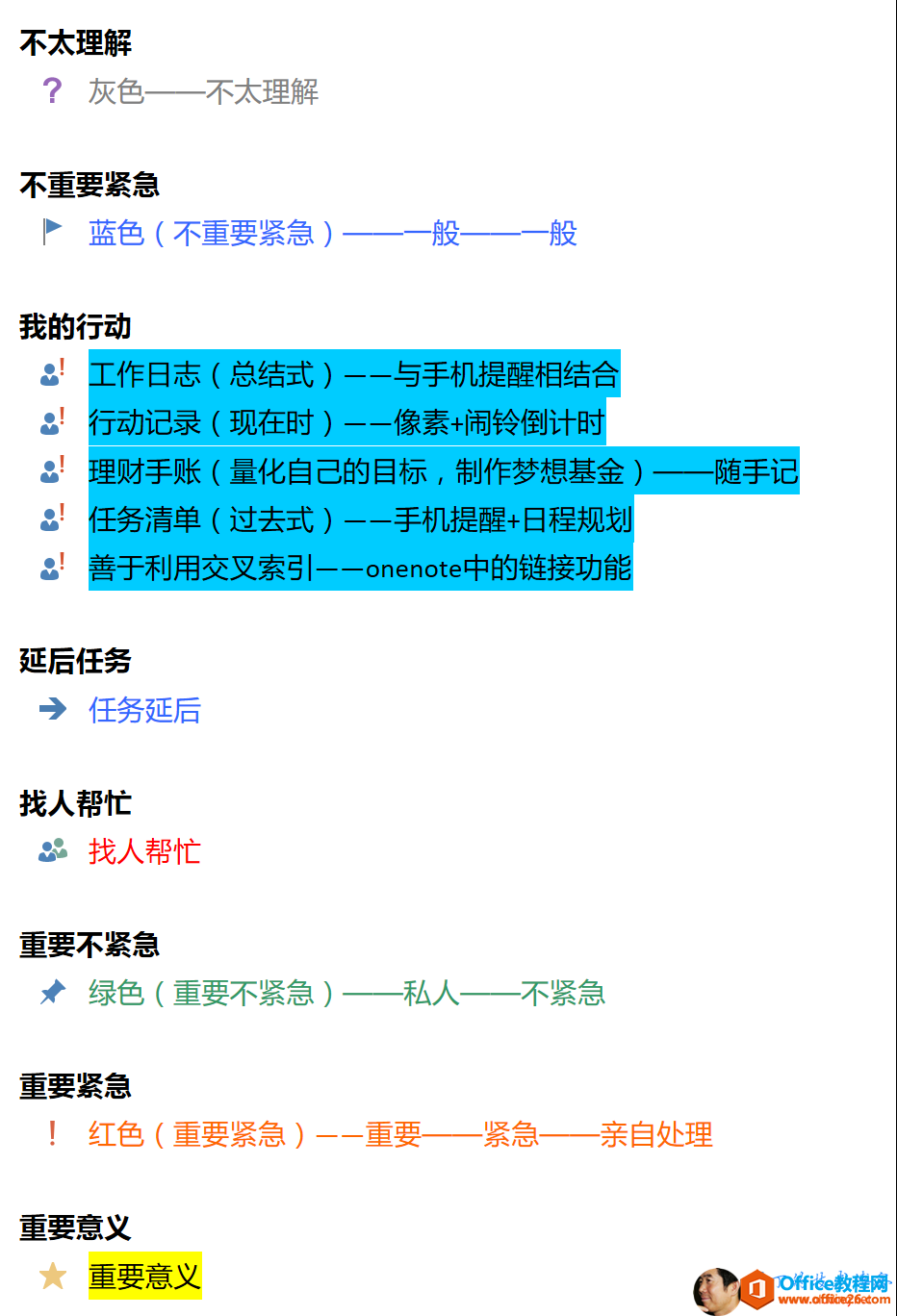 不 太 理 解？ 灰 色 一 一 不 太 理 解不 重 要 紧 急， 蓝 色 （ 不 重 要 紧 急 ）我 的 行 动（ 现 在 时 ） 一 一 像 素 + 闹 铃 侄 刂 讠财 手 账 （ 量 化 自 己 的 目 标 ， 制 作 梦 想 基务 清 单 （ 过 去 式 ） 一 一 手 机 提 醒 + 日 程 规延 后 任 务任 务 延 后找 人 帮 忙找 人 帮 忙重 要 不 紧 急绿 色 （ 重 要 不 紧 急 ） 一 一 私 人 一 一 不 紧 急重 要 紧 急！ 红 色 （ 重 要 紧 急 ） 一 一 重 要 一 一 一 紧 急 一 一 亲 自 处 理0 要 意 义重 要 意 义 