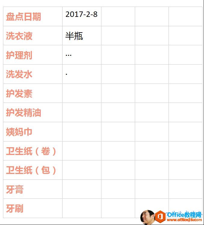 盘 点 日 期洗 衣 液护 理 剂洗 发 水护 发 素护 发 精 油姨 妈 巾卫 生 纸 （ 卷 ）卫 生 纸 （ 包 ）牙 到2017 ． 2 ． 8 