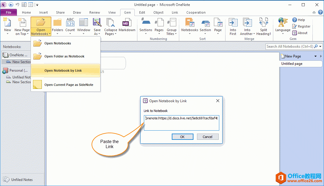 用户 B: 在 OneNote 2010 中使用用链接打开笔记本功能