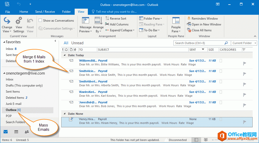 在 Outlook 中批量群发合并后的邮件