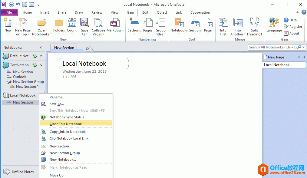 在 OneNote 的主窗口中关闭本地笔记本