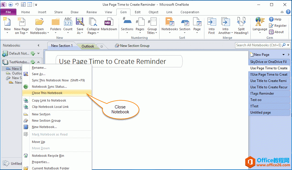 在 OneNote 主窗口里关闭笔记本