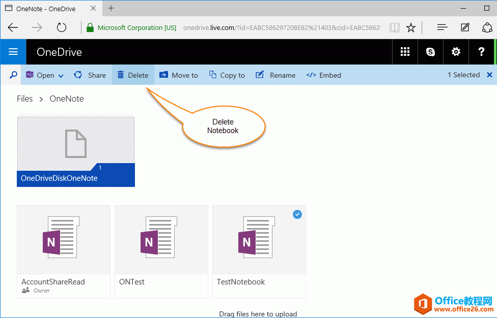 在 OneDrive.com 上删除一个共享笔记本