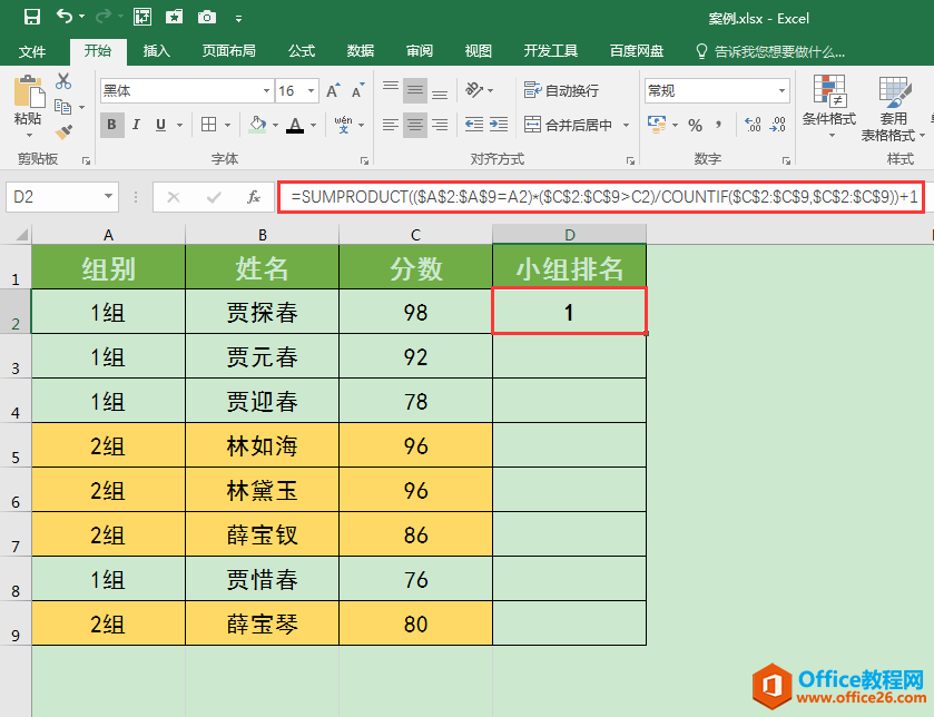 SUMPRODUCT函数实用案例分享：分组别对数据进行排名