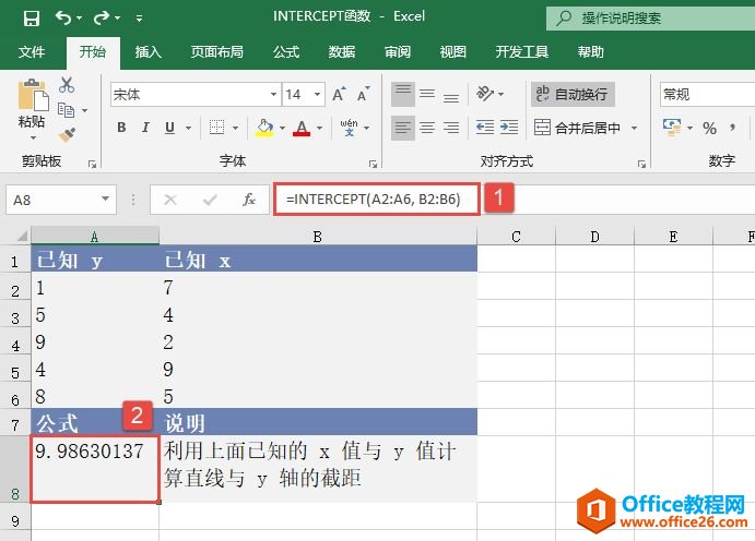 Excel 计算线性回归线截距：INTERCEPT函数