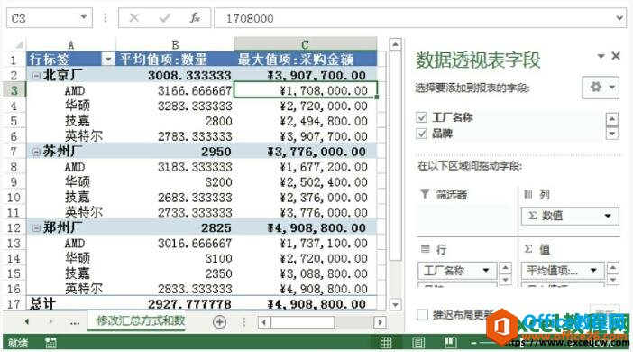 查看和修改excel数据透视表汇总的方式效果