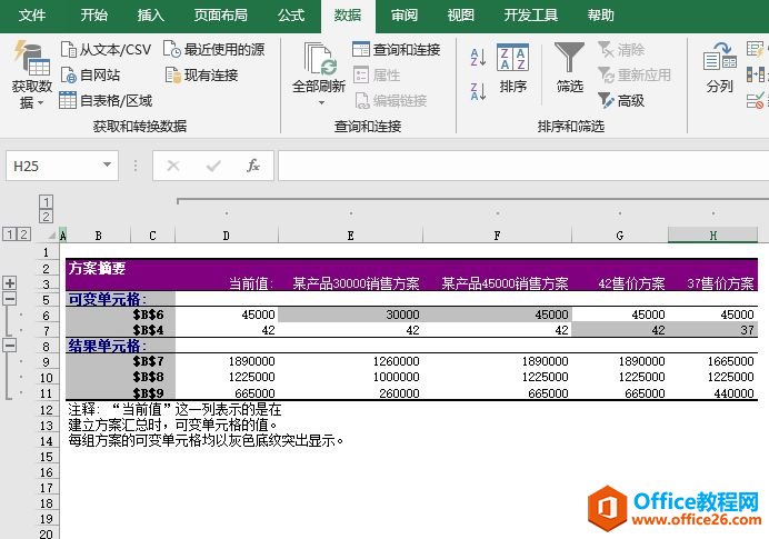 Excel 2019创建方案摘要