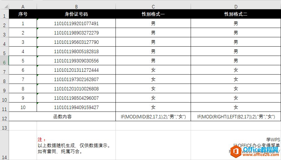 <b>excel 根据身份证号码判断男女性别函数公式</b>